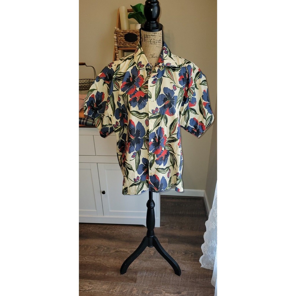 Duck Head Men's Large Hawaiian Print Shirt 100% Cotton Beige w Tropical Flowers